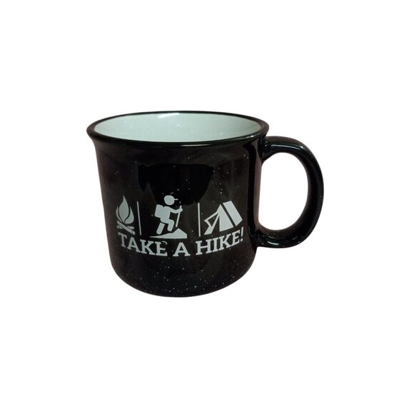Wondertreats Mug Cup Take A Hike Black Green Speckled Ceramic Camping Icons New - Picture 1 of 7
